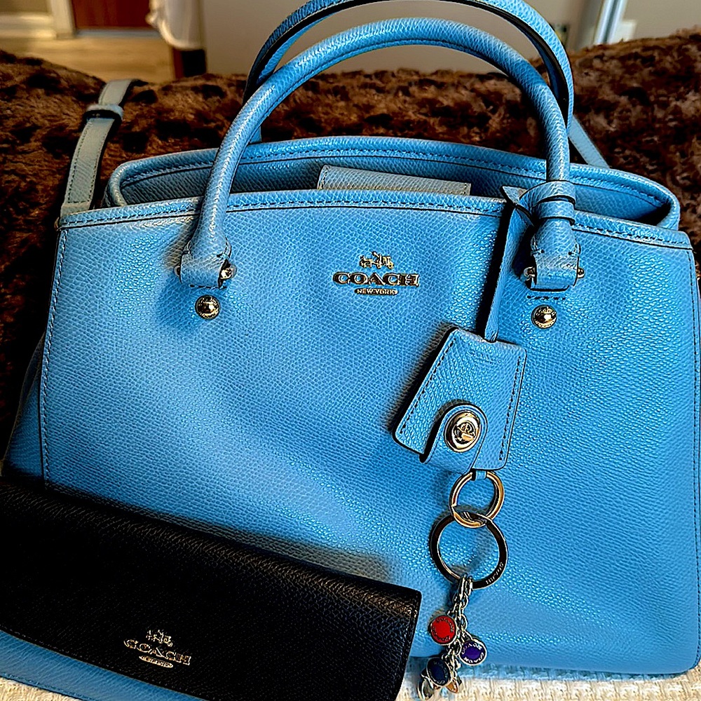 Blue Coach leather handbag and wallet
